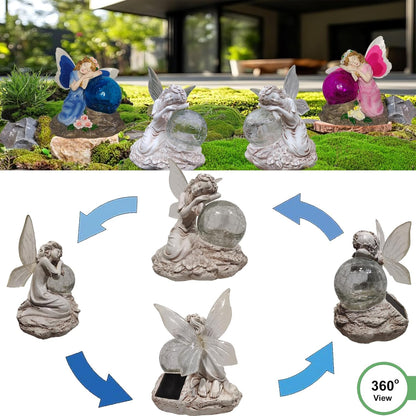 Fairy Garden Statue ，Solar Garden Decor ，Fairy Statue Outdoor with Glass Ball ，Waterproof Outdoor Decor，Suitable for Yard, Lawn ，Ideal for Holiday Giving (Left)