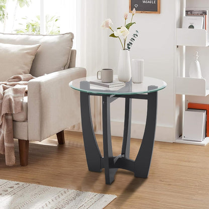 Glass End Table, 23.5" Round Side Tables with Tempered Glass Top Cross and Solid Wood Base Small Night Stand for Living Room Office Apartment Black