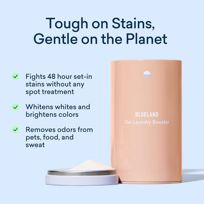 BLUELAND Oxi Laundry Booster Powder with Tin, Starter Set, Clear Skies Scent, 25 Loads, 17.6 oz, Plastic-Free, Eco Friendly, Oxy Cleaner, Stain Remover