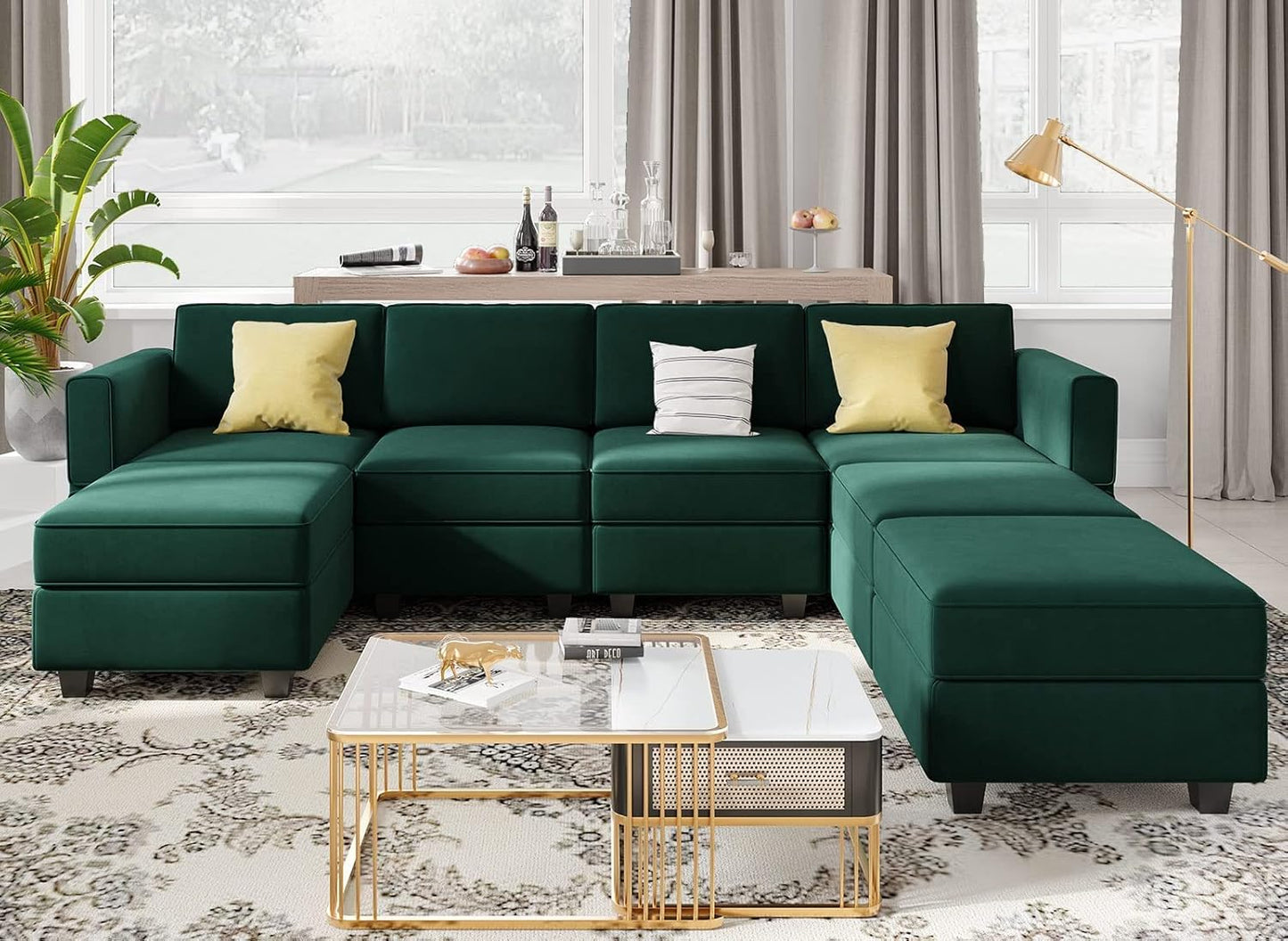 Belffin Modular Sectional Sofa U Shaped Sectional Couch with Reversible Chaises Velvet Modular Sofa with Storage Seat Green