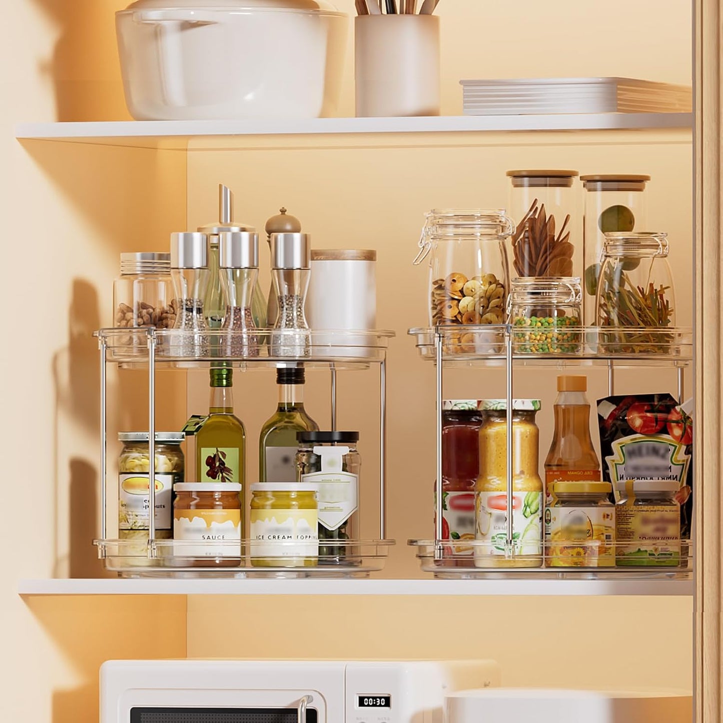 LAMU 2 Pack 10.6'' 2-Tier Lazy Susan Turntable Organizer Rotating Spice Rack Organization for Cabinet, Kitchen, Pantry, Countertop, Bathroom, Vanity, Makeup Organizer, Clear