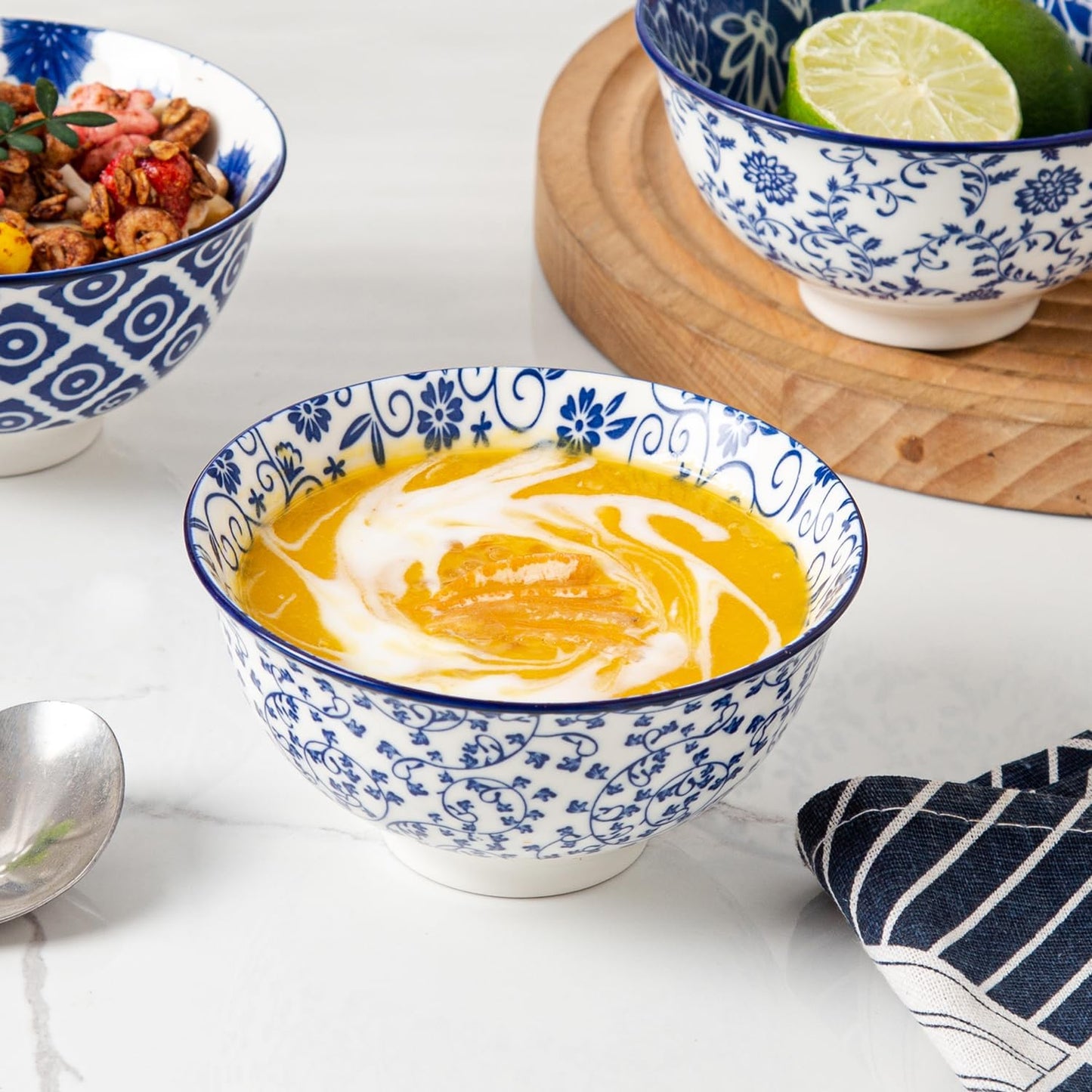 Ceramic Dessert Bowls Set - 12 Oz Small Cereal Bowls 4.75 Inch Ice Cream Bowl for Fruit, Snack, Dipping Sauce, Side Dishes - Microwave Dishwasher Safe - Set of 6 - Vintage Blue