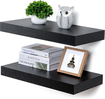 Deep Floating Shelves for Wall, 24W x 12D Black Floating Shelves Set of 2, 12'' Deep Large Wood Shelves for Living Room Bathroom Laundry Room Bedroom Kitchen Home Office - Black