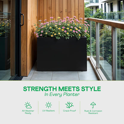 IDZO Metal Planter Box, Privacy Trough for Patio, Rectangle Container for Outdoor Plants, Tall Large Rectangular Steel Bed for Outdoor Greens with Drainage Holes & Adjustable Feet, Black
