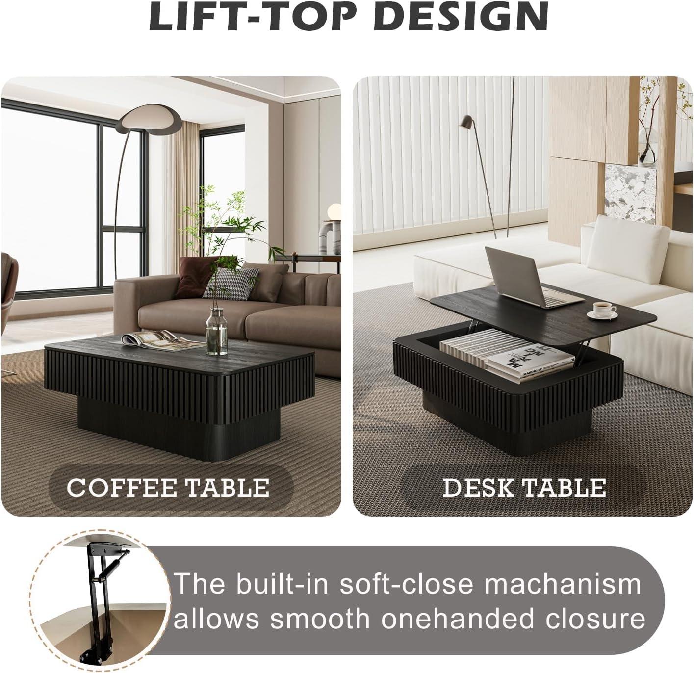 Lift Top Coffee Table with Storage, Solid Wood Coffee Table with Adjustable Height, Fluted Center Table Accent Tea Table for Living Room, Apartment, Office (38.6" Black)