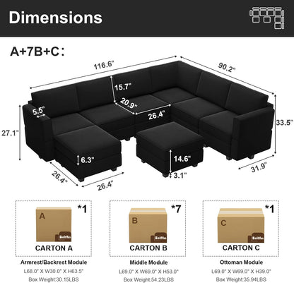Belffin Modular Sectional Sofa with Storage Seat Oversized U Shaped Couch with Reversible Chaise Sofa Set with Ottoman Velvet Black