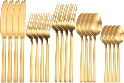 Matte Silverware Set Gold Flatware Set with Hexagon Handle 20 Pieces 18/0 Stainless Steel Cutlery Set Wedding Housewarming Gift Service for 4 (Matt gold)