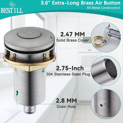 BESTILL Garbage Disposal Air Switch Kit - UL Listed, Brass 3.6" Long Push Button for Waste Disposer, Cordless Sink Top Switch Button, Brushed Nickel, Compatible with all Garbage Disposals