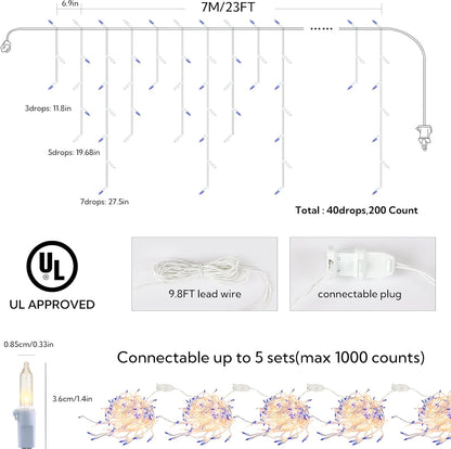 200ct Blue&Clear Mini Icicle Christmas Lights, 23FT White Wire Incandescent Bulb String Lights, Connectable Indoor Outdoor for Eaves, Window, Curtain, Party, Wedding