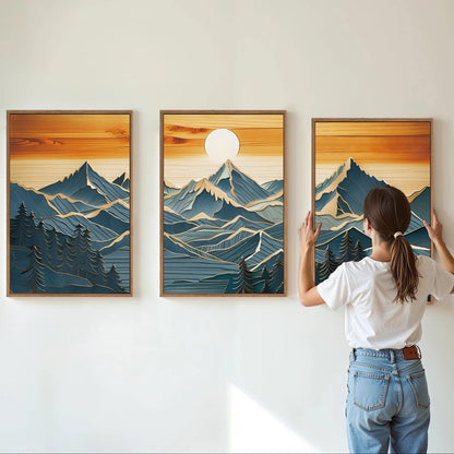 Tinonedraw Vintage Mountain Framed Canvas Wall Art Set of 3, Boho Nature Wilderness Art Prints, Mid Century Modern Ridge Scenery Wall Decor, Sunrise Forest Woodcut Style Art Paintings for Living Room Bedroom, Office 16"x24"