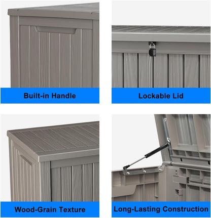 150 Gallon Deck Box,Resin Outdoor Storage Box with Lockable for Patio Furniture, Pool Accessories, Garden Tools Waterproof Outside Storage Box, Grey