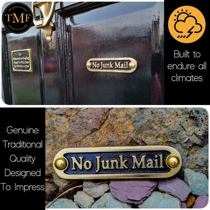 No Junk Mail Metal Brass Door Sign. Traditional Style Home Décor Wall Plaque Handmade By The Metal Foundry UK.