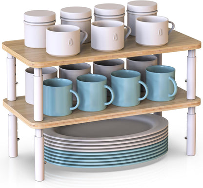 Cabinet Organizer Shelf, Spice Rack Set of 2 Kitchen Pantry Cupboard Shelves, Stackable, Height Adjustable, Natural Bamboo (15.6" W)