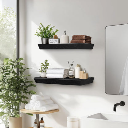 16"x6.8"x1.6" Slanted Floating Wall Shelves 2-Pack - Rustic Black Finish, Heavy-Duty Solid Wood Design with Hidden Brackets - Perfect for Living Room, Kitchen, Bathroom, or Office