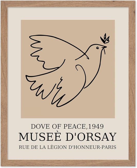 Poster Master Vintage Poster - Retro Minimalist Print - Gift for Artist, Friend - Dove Of Peace, Line Drawing, Sketch, Abstract - Wall Decor for Living Room, Bedroom, 11x14 Beige Framed