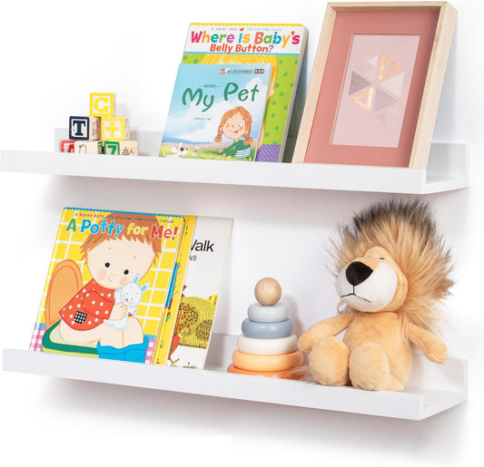 Picture Ledge Shelf for Wall, 24 inch Solid Pine Wood Nursery Book Shelves 2 Packs, Floating Ledge Shelves for Kids' Room Bedroom Bathroom Living Room Photo Frames Office Nursey Wall Decor, White