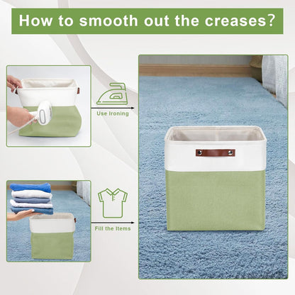 13x13 Cube Storage Bins, Collapsible Fabric Storage Box, 4 Pack Closet Baskets with Handles for Organizing, Shelf, Toys, Clothes, Home, Office, Nursery (Green&White)