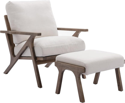 Mid Century Modern Accent Chair with Ottoman, Farmhouse Linen Upholstered Living Room Armchair and Ottoman Set, 23" Seat Wide Retro Leisure Lounge Chair with Wood Frame for Home, Bedroom, White