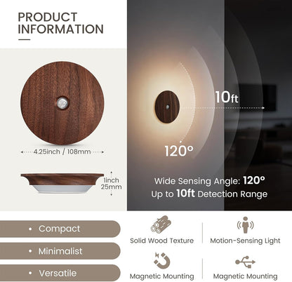 Motion Sensor Night Light Wood Rechargeable Battery-Powered Stick-On Step Lights Loftie Lights Magnetic Closet Warm Nightlight for Hallway Bedroom Stair (2 Pack Black Walnut)