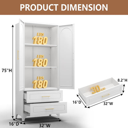 Kitchen Pantry Cabinet, 75" Tall Metal Pantry Cabinet with Two Drawers, Food Cupboards with Doors and Shelves, Freestanding Storage Cabinets for Dining, Living Room, White, Assemble Required