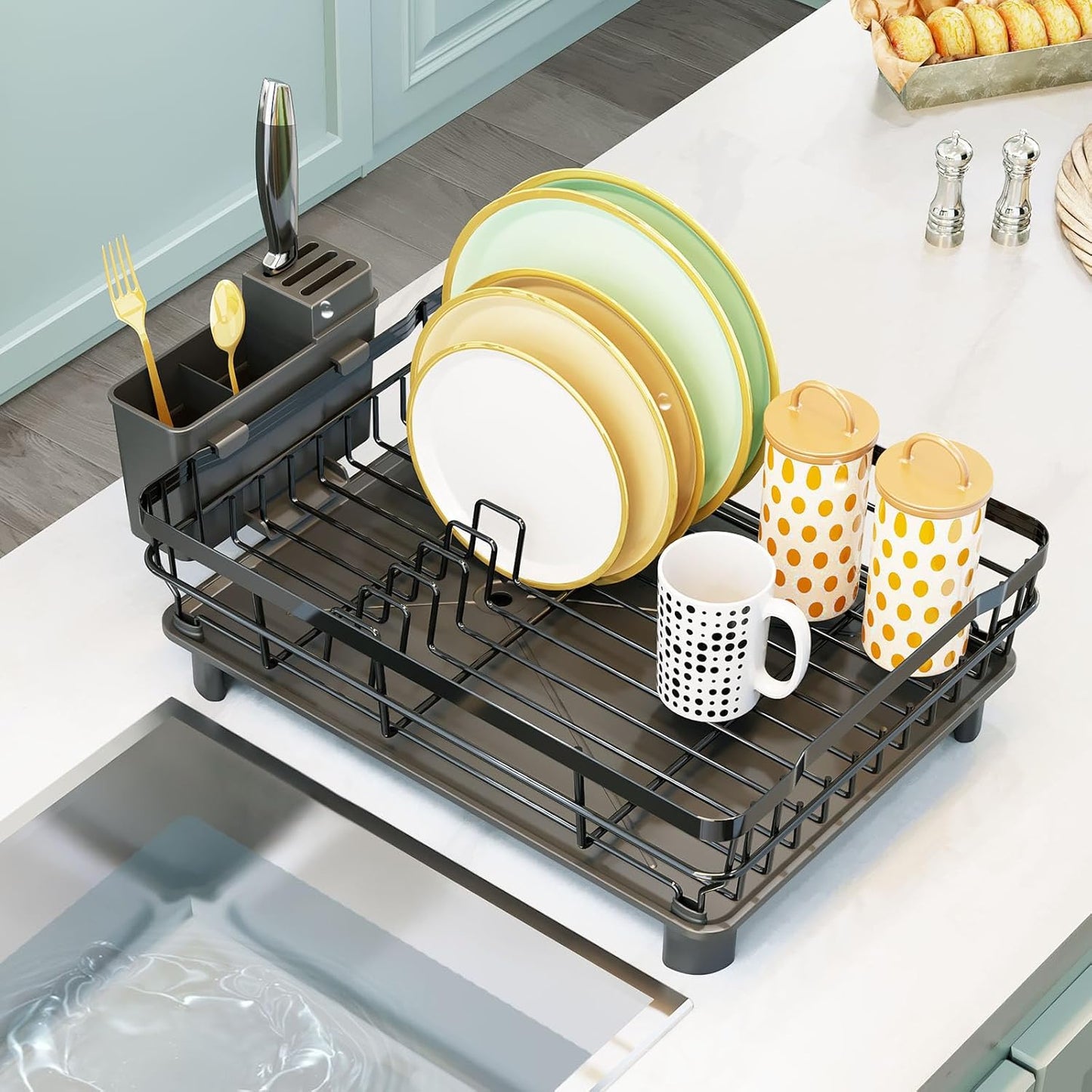 GAXmi Dish Drying Rack Over The Sink Drainer with Drainboard Utensil Holder, 1-Tier Black