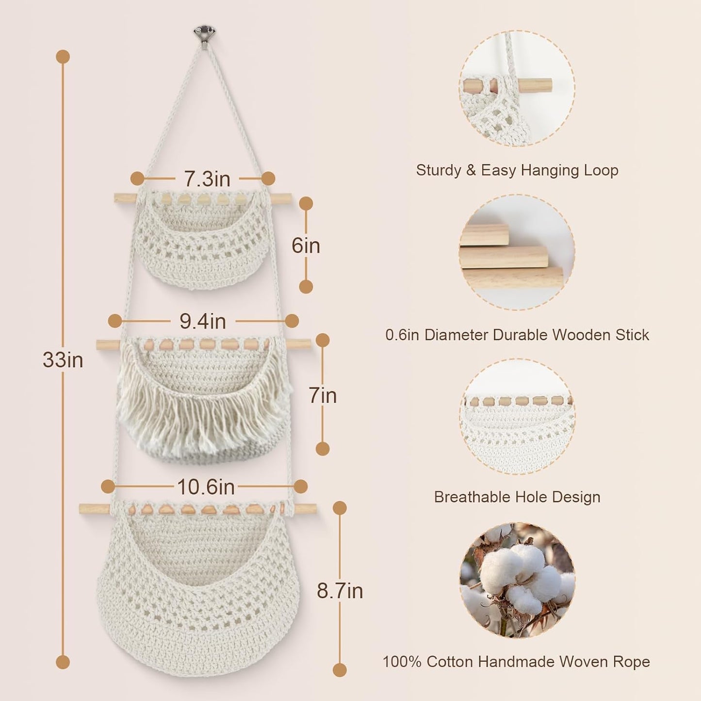 Hanging Baskets for Organizing, 3 Tier Detachable Wall Hanging Fruit Basket Over the Door Organizer for Fruit Vegetable Plant, Beige Boho Cotton Crocheted Fruit Holder for Kitchen Bathroom Bedroom