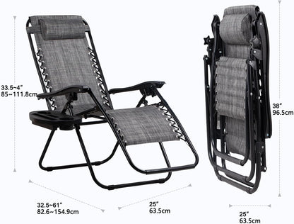 Nazhura Set of 2 Relaxing Recliners Patio Chairs Adjustable Steel Mesh Zero Gravity Lounge Chair Beach Chairs with Pillow and Cup Holder(Grey)