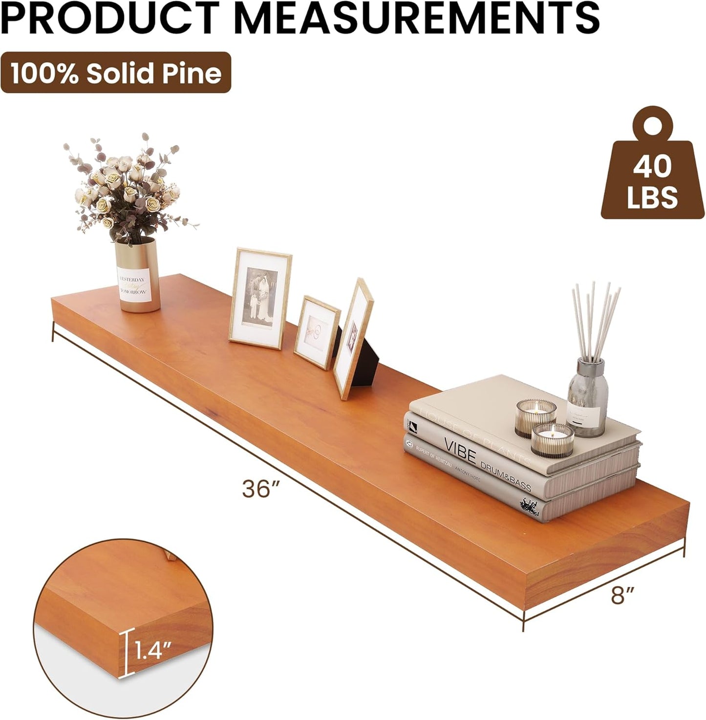 Light Brown Floating Wall Shelves 36 Inches Long x 8”x 1.4” Shelf Floating Rustic Farmhouse Decor, Heavy Duty Shelf Hold 80 lbs, Wall Shelves for Bathroom Living Room Kitchen Bedroom Office