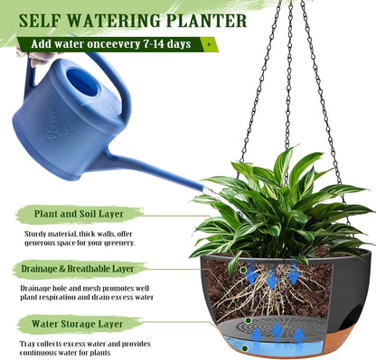 Hanging Planters for Outdoor Indoor Plants, 2 Pack 12 Inch Hanging Basket Plants Outdoor, Self Watering Hanging Planter with Plant Hanger for Garden Home Decoration (Black)