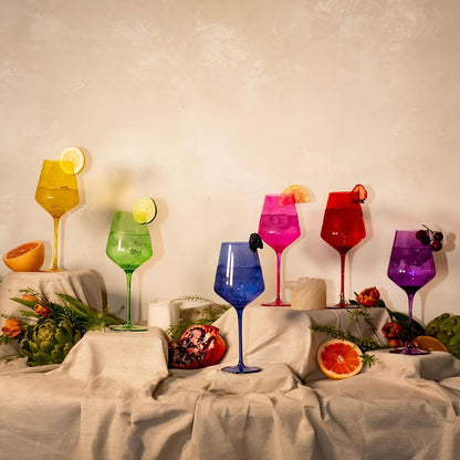 Saludi Colored Wine Glasses, 16.5oz (Set of 6) Stemmed Frida-Color Glass - Great for all Wine Types and Occasions - Luxury, Durable, Hand-Blown