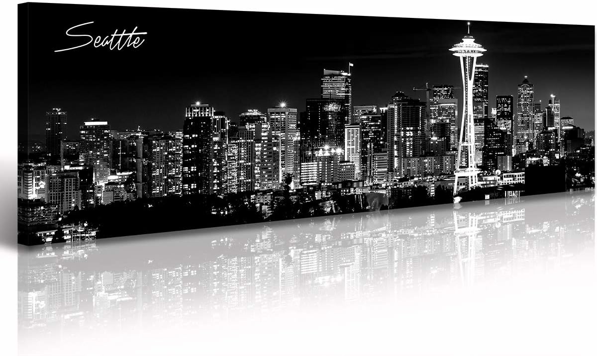 Seattle City Skyline Wall Art Black and White Canvas Prints Panorama Cityscape Picture Night View Painting Poster Modern Artwork Home Decor for Office Living Room - Ready to Hang 13.8" x 47.3"