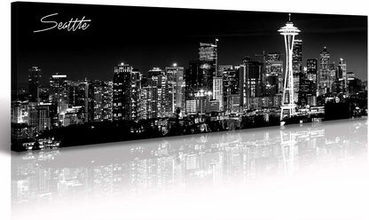 Seattle City Skyline Wall Art Black and White Canvas Prints Panorama Cityscape Picture Night View Painting Poster Modern Artwork Home Decor for Office Living Room - Ready to Hang 13.8" x 47.3"