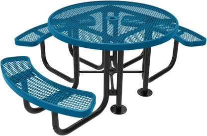 Heavy-Duty Portable Outdoor Picnic Table with Umbrella Hole, Expanded Metal Patio Dining Furniture Made in America (46" Round Top, Light Blue)