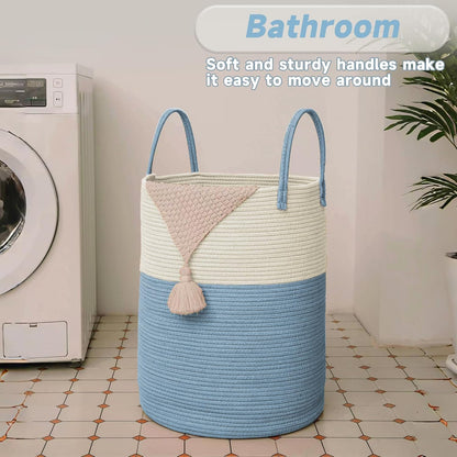 Large Woven Laundry Basket Hamper,100L Cotton Rope Storage Bin for Blankets,Toys and Clothes,Decorative Tall Nursery Hamper for Living Room,Baby Nursery,Bathroom and Bedroom,White and Blue
