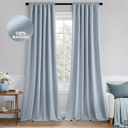 MIULEE 100% Blackout Curtains 90 Inch Long 2 Panels Set for Bedroom, Thick Faux Linen Black Out Curtain Room Darkening Back Tab Pleat Window Textured Drapes with Hooks for Living Room, Chambray Blue