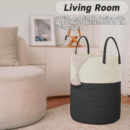 Large Woven Laundry Basket Hamper,80L Cotton Rope Storage Bin for Blankets,Toys and Clothes,Decorative Tall Nursery Hamper for Living Room,Baby Nursery,Bathroom and Bedroom,White and Black