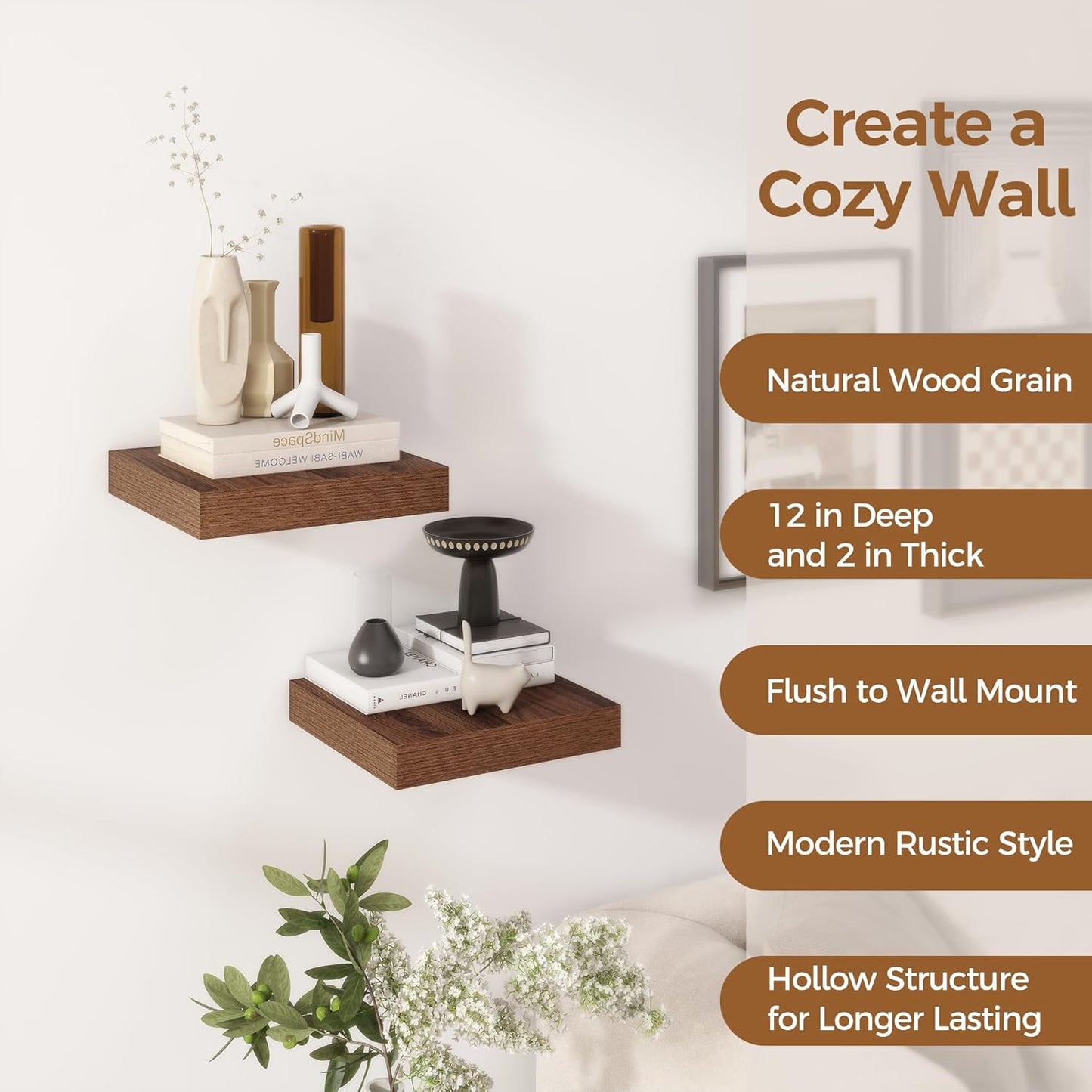 Fun Memories 12 Inch Floating Shelf, Rustic Wood Wall Shelves for Wall Decor & Storage, 12 x 12 Floating Shelf for Living Room, Bathroom, Bedroom, Walnut, Set of 2