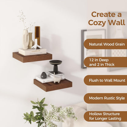 Fun Memories 12 Inch Floating Shelf, Rustic Wood Wall Shelves for Wall Decor & Storage, 12 x 12 Floating Shelf for Living Room, Bathroom, Bedroom, Walnut, Set of 2