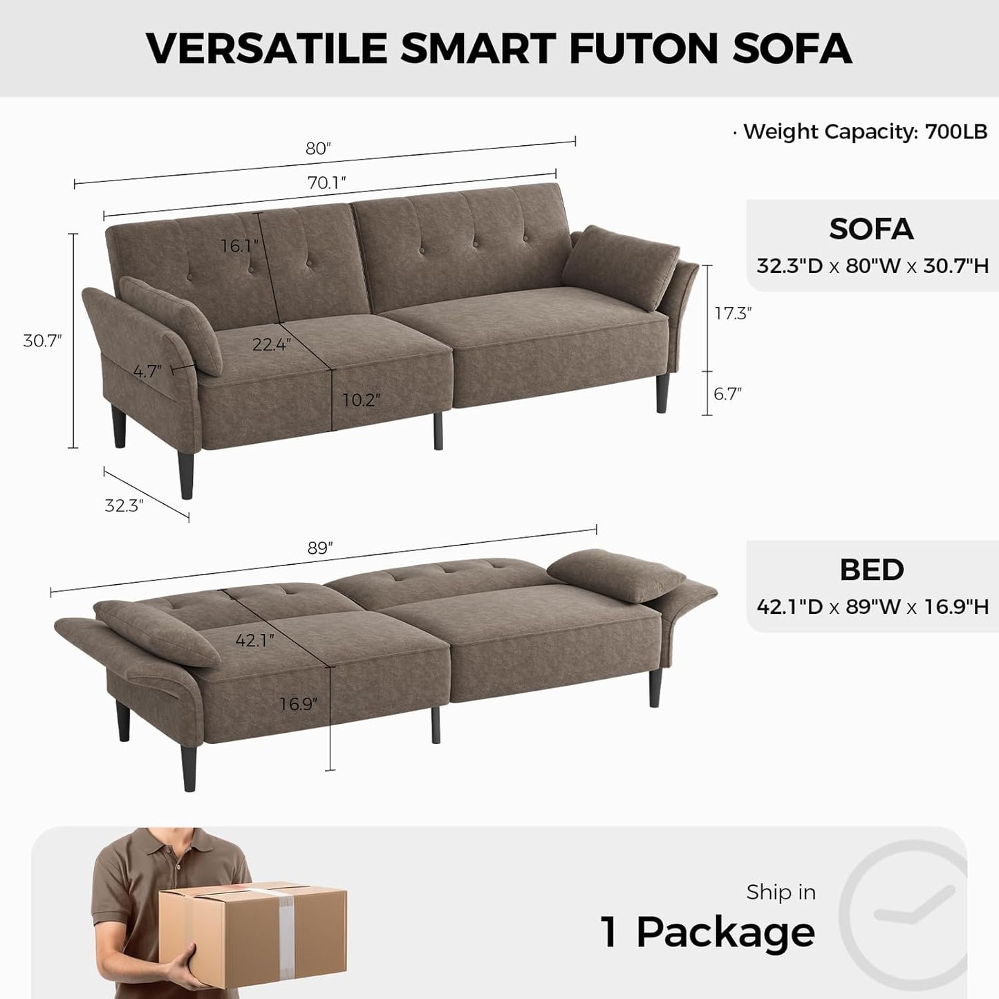 89” Futon Sofa Bed, Comfy Futon Couch Bed with 2 Square Pillows, Convertible Sleeper Sofa with Adjustable Backrest& Armrests, Modern Loveseat Sleeper for Living Room, Bedroom, Light Brown