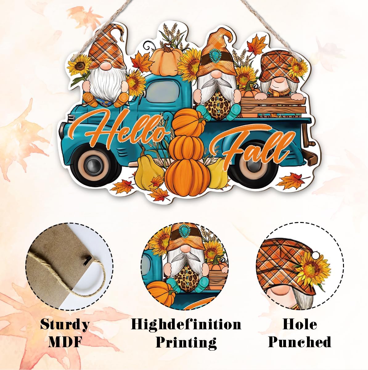 Hello Fall, Wood Hanging Gnome Decoration, Hello Fall Wood Hanging Decors, Rustic Thanksgiving Decors for Porch, Indoor Outdoor Autumn Door Decor(Truck), Housewarming Gift, Home Indoor Outdoor Decor