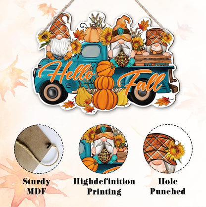 Hello Fall, Wood Hanging Gnome Decoration, Hello Fall Wood Hanging Decors, Rustic Thanksgiving Decors for Porch, Indoor Outdoor Autumn Door Decor(Truck), Housewarming Gift, Home Indoor Outdoor Decor
