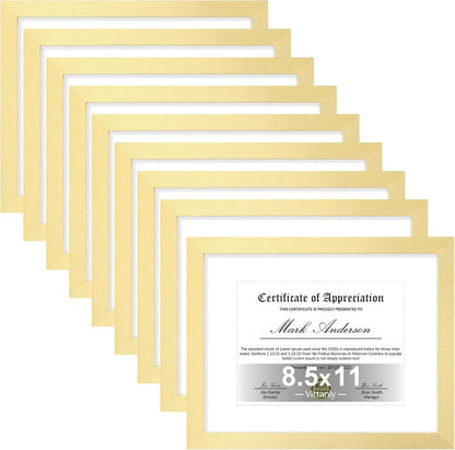 Vittanly 8.5x11 Picture Frames Set of 9, Shatter Resistant Plexiglass, Display 6x8 Pictures with Mat or 8.5x11 without Mat, Photo Frames for Wall or Tabletop, Engineered Wood, Gold