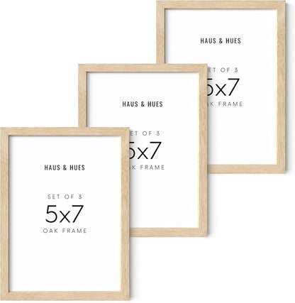 HAUS AND HUES Beige Wood Picture Frames 5x7 - Set of 3 for Gallery Wall, Collage Wall Decor, Photo Frames (Beige Oak)