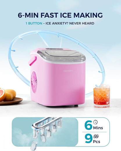 EUHOMY Countertop Ice Maker Machine with Handle, 26lbs in 24Hrs, 9 Ice Cubes Ready in 6 Mins, Auto-Cleaning Portable Ice Maker with Basket and Scoop, for Home/Kitchen/Camping/RV. (Pink)
