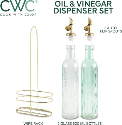 COOK WITH COLOR Glass Olive Oil Bottle Dispenser - 2 Pack- 17oz Oil and Vinegar Cruet - Olive Oil Carafe Decanter for Kitchen