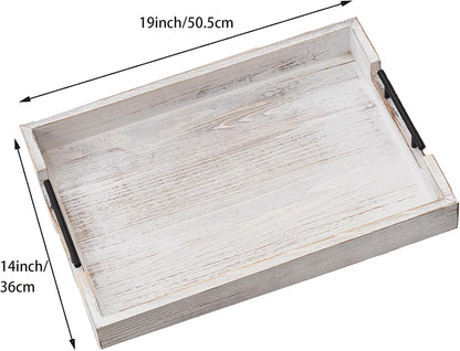 Ottoman Tray Large Serving Trays Farmhouse Decor Wooden Coffee Table Platter with Handles White Tray for Bed Kitchen Living Room 19 * 14Inch