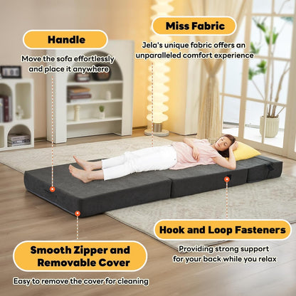 jela Foldable Sofa Bed Large Soft Foam Convertible Sleeper Chair Luxury Miss Fabric Fold Out Chair Bed Floor Couch with Back Support Floor Sofa for Living Room Bedroom (83"x33",Dark Gray)