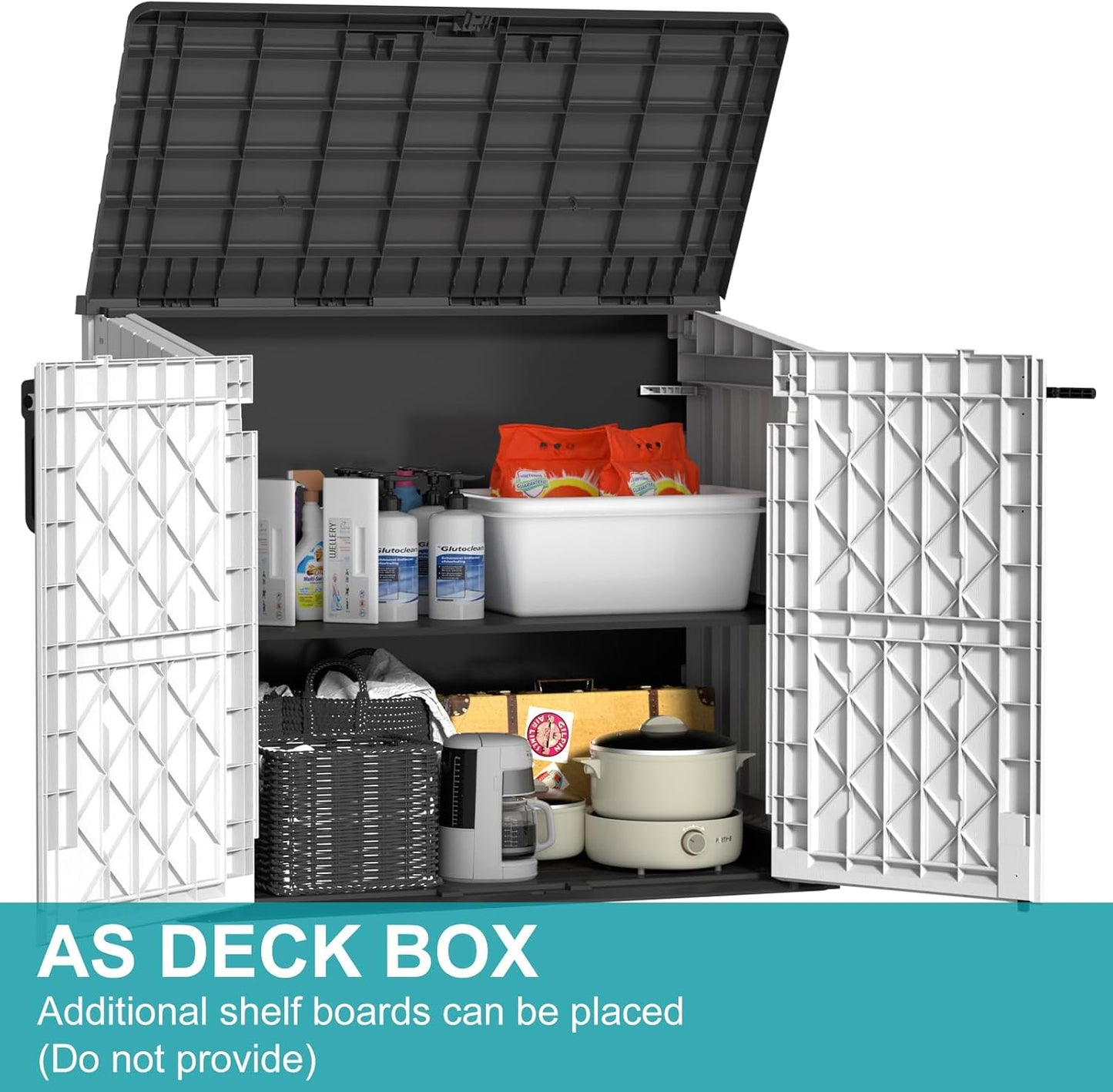 Vixzen 233 Gallon Larger Outdoor Deck Box,Lockable Resin Waterproof Storage Box,UV Resistant,Weather Resistance,Outside Storage Bin for Gardening Tools,Pool Supplies, Black and White