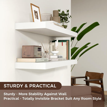 Floating Shelves for Wall, 2 Large Wall Mounted Shelves with Invisible Brackets, Long Wood Floating Wall Shelf Shelves for Living Room, Bedroom, Kitchen, (White, 36" W x 9" D x 1.5" H)