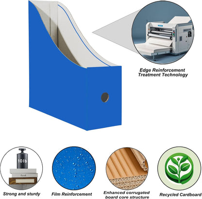 24 Pack Cardboard Magazine File Holder for Desktop ，Blue Book Bins for Classroom Library, Office or Home, Vertical Paper Boxes for Storage with Label(10.6" H x 10.2" L x 3.5" W in)